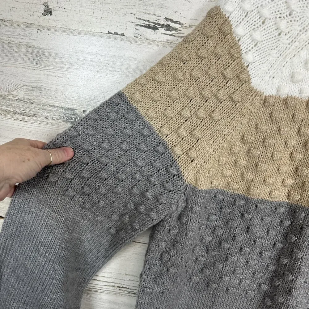 Calvin Klein Women's Colorblocked Popcorn-Knit Sweater (Latte/Granite/White) L